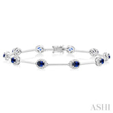 4x3 MM Oval Cut Sapphire and 1/2 ctw Round Cut Diamond Halo Precious Bar Link Bracelet in 10K White Gold